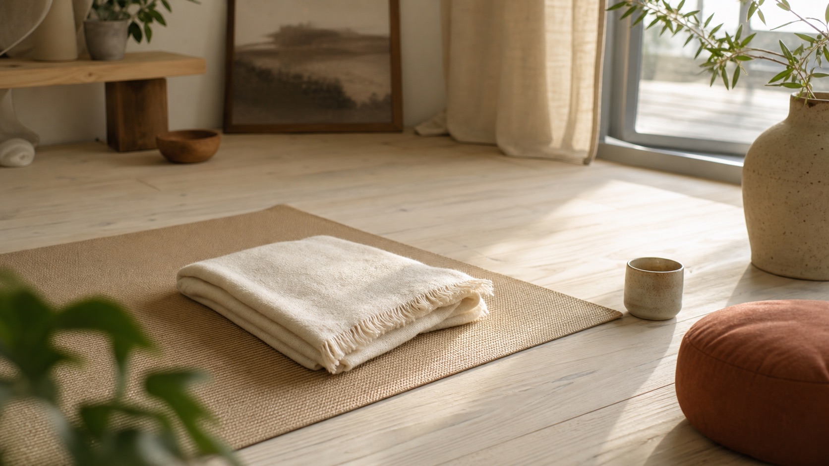 Yogamåtte, tæppe og keramik i roligt morgenlys.